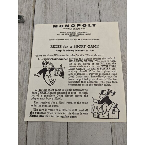 Vintage 1961 Monopoly Replacement Pieces 7 Tokens Short Game Instructions - Picture 2 of 4